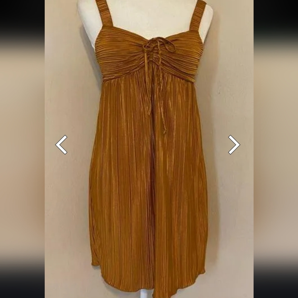 KIRIOUS Metallic Gold Satin Pleated Dress